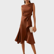 Helena | Women's Asymmetric Draped Midi Dress - Coffee
