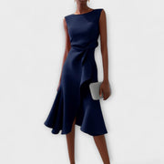 Helena | Women's Asymmetric Draped Midi Dress - Navy Blue